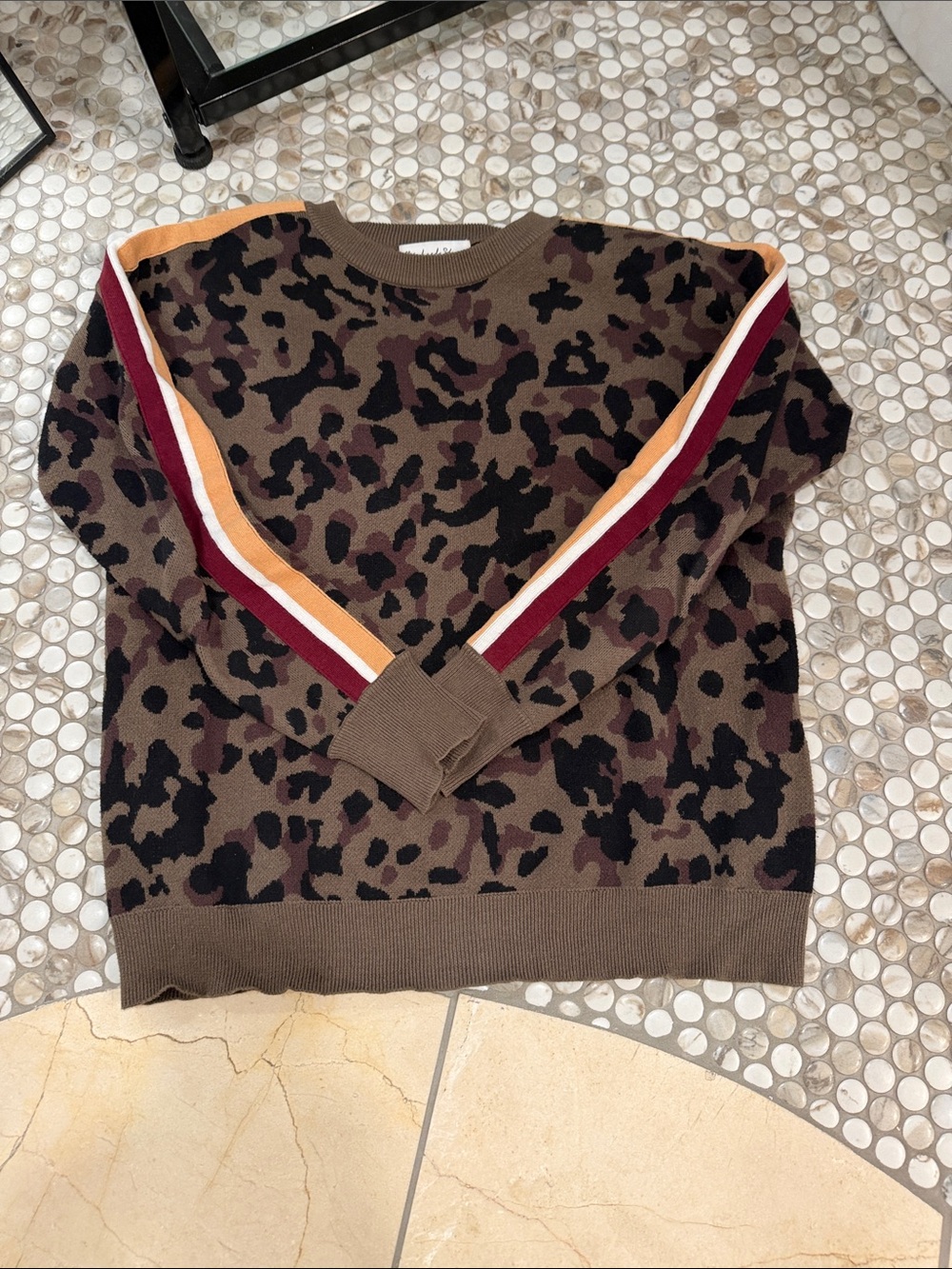 Michael Stars Brown Leopard Crewneck Sweater with Stripe Sleeves